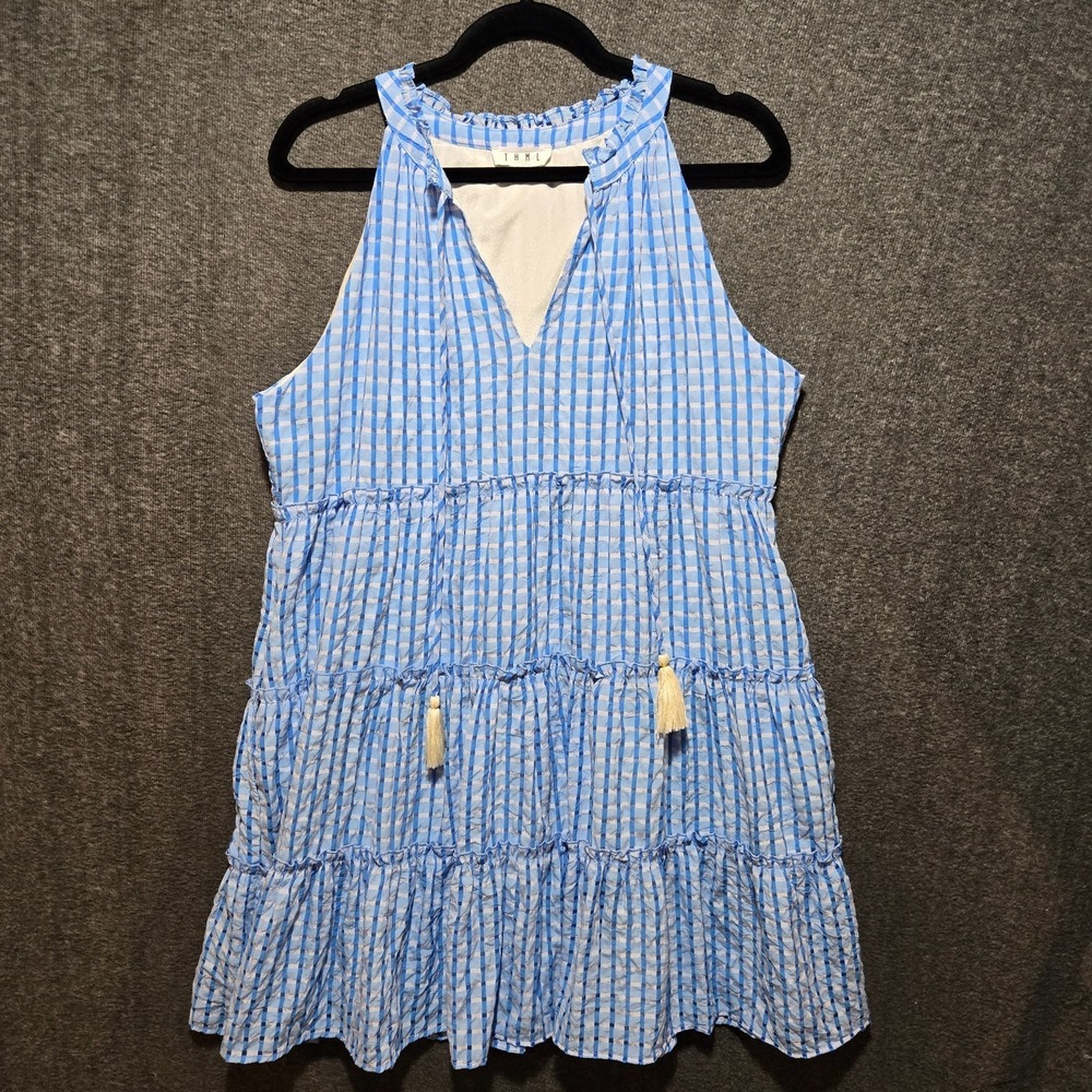 THML Dress Large Blue Gingham Plaid Tiered Tassel Tie Neck Sleeveless Boho